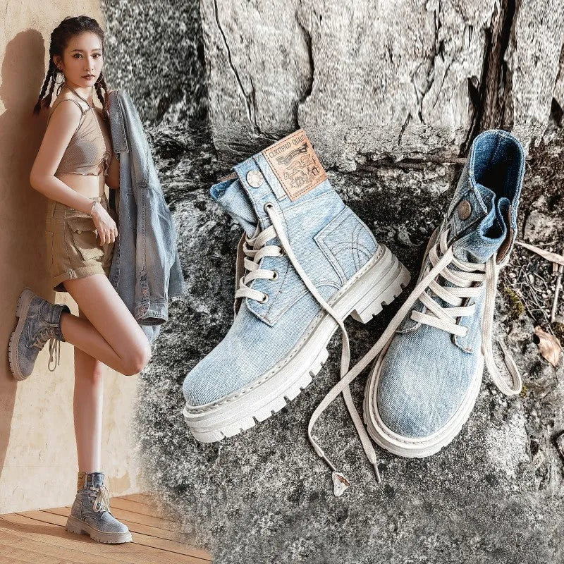 Women's retro denim Martin boots with thick rubber sole, square low heel, front lace-up, light blue or creamy white