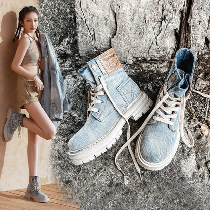 Women's retro denim Martin boots with thick rubber sole, square low heel, front lace-up, light blue or creamy white