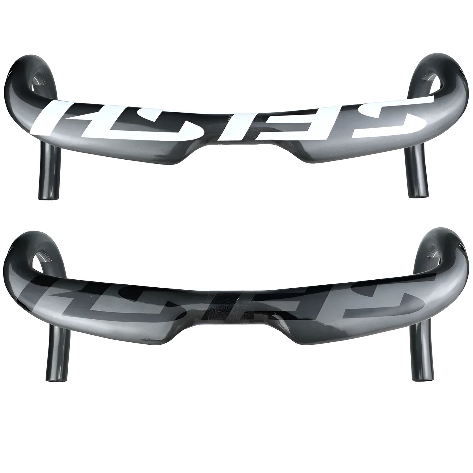 Carbon fibre road bicycle handlebar with ergonomic bent shape, shown in a choice of finishes.