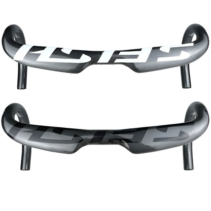 Carbon fibre road bicycle handlebar with ergonomic bent shape, shown in a choice of finishes.