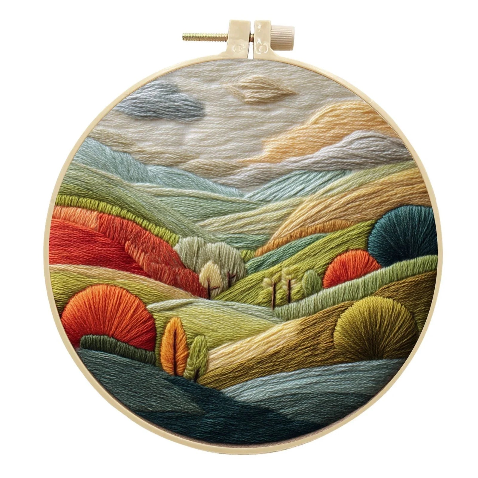 Embroidery DIY landscape kit with bamboo frame, printed fabric, thread, and needles for textile art