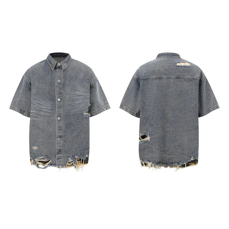 Men's black denim short sleeve suit with leopard print and cut edge stitching, paired with matching shorts.