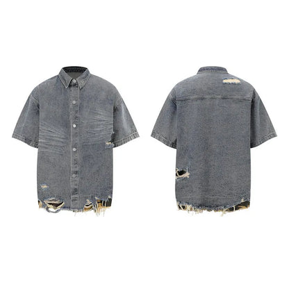 Men's black denim short sleeve suit with leopard print and cut edge stitching, paired with matching shorts.