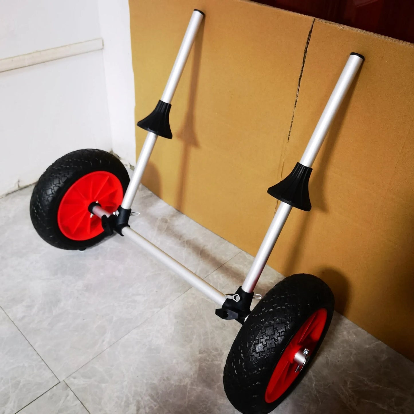 Foldable kayak handcart with upright platform, aviation aluminium frame, and rubber wheels for beach transport