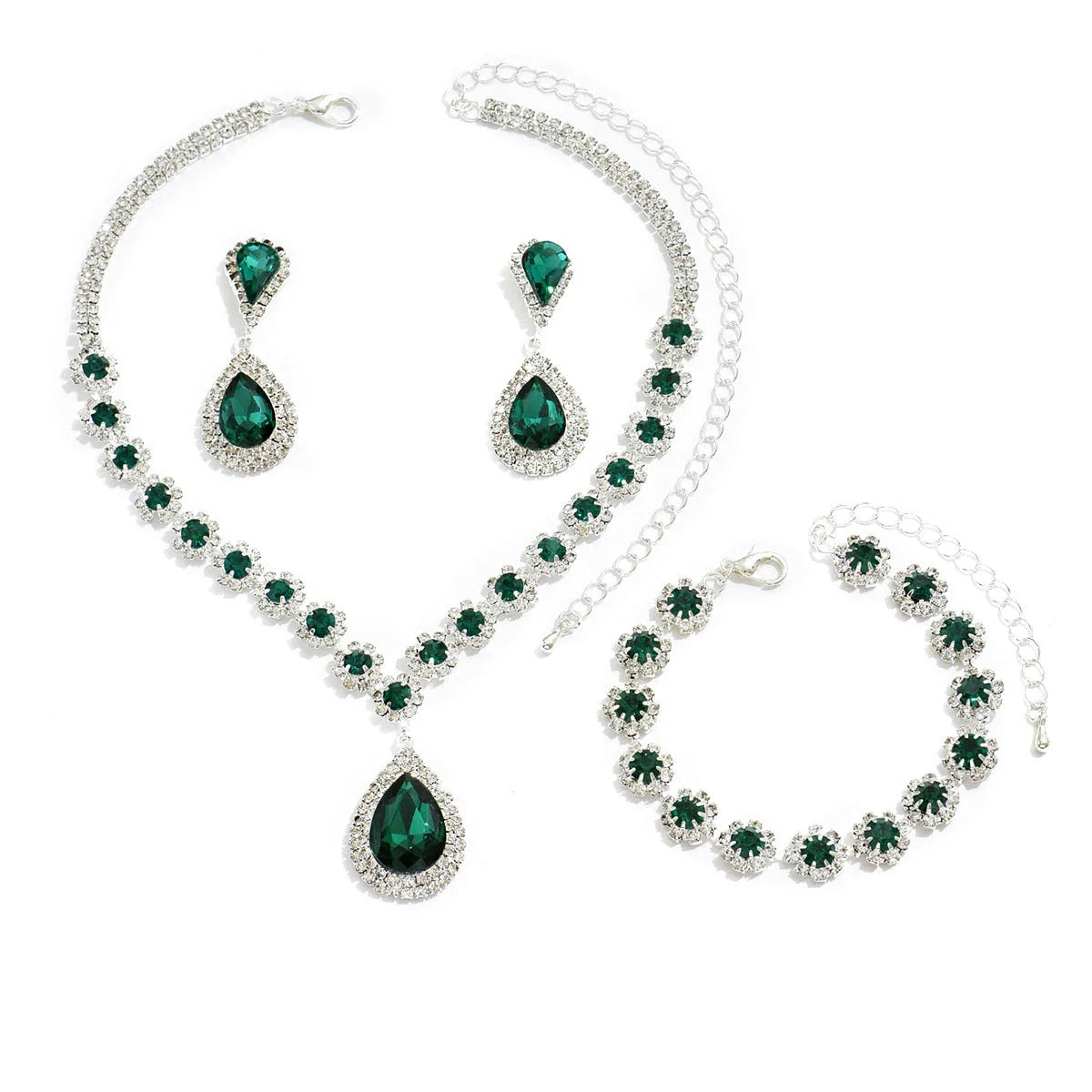 Elegant bridal jewelry set with necklace, earrings, and bracelet in various colors including white, blue, red, and green