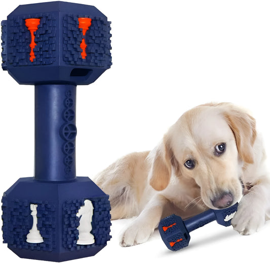 Dog chew toy with dumbbell design, 3D particle surface, hollow ends for treats, in black or blue colour