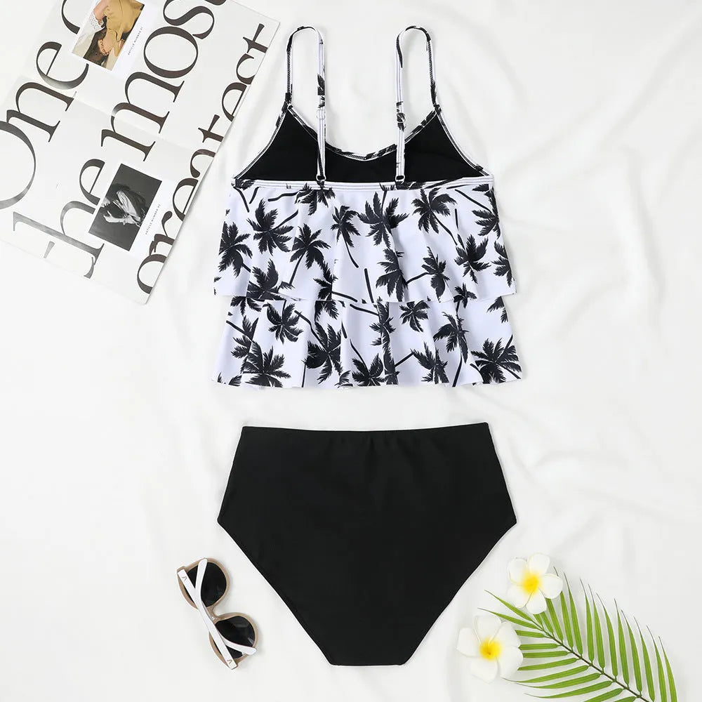 High waist double-layer printed swimsuit with polyester fabric for swimming activities