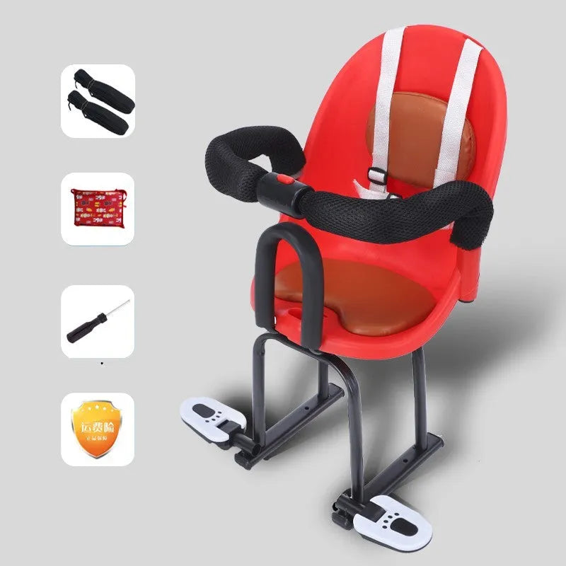 Front child seat for electric scooters with black steel frame measuring 20cm by 20cm by 53cm