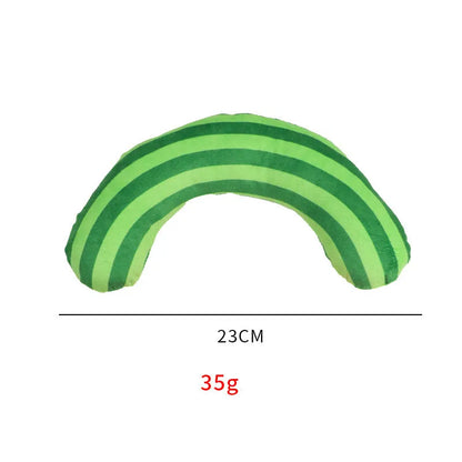 Striped plush cat toy pillow with built-in catnip and crinkle sound material in green colour.