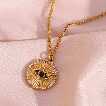 Minimalist black eyes stainless steel necklace with gold rhinestone pendant