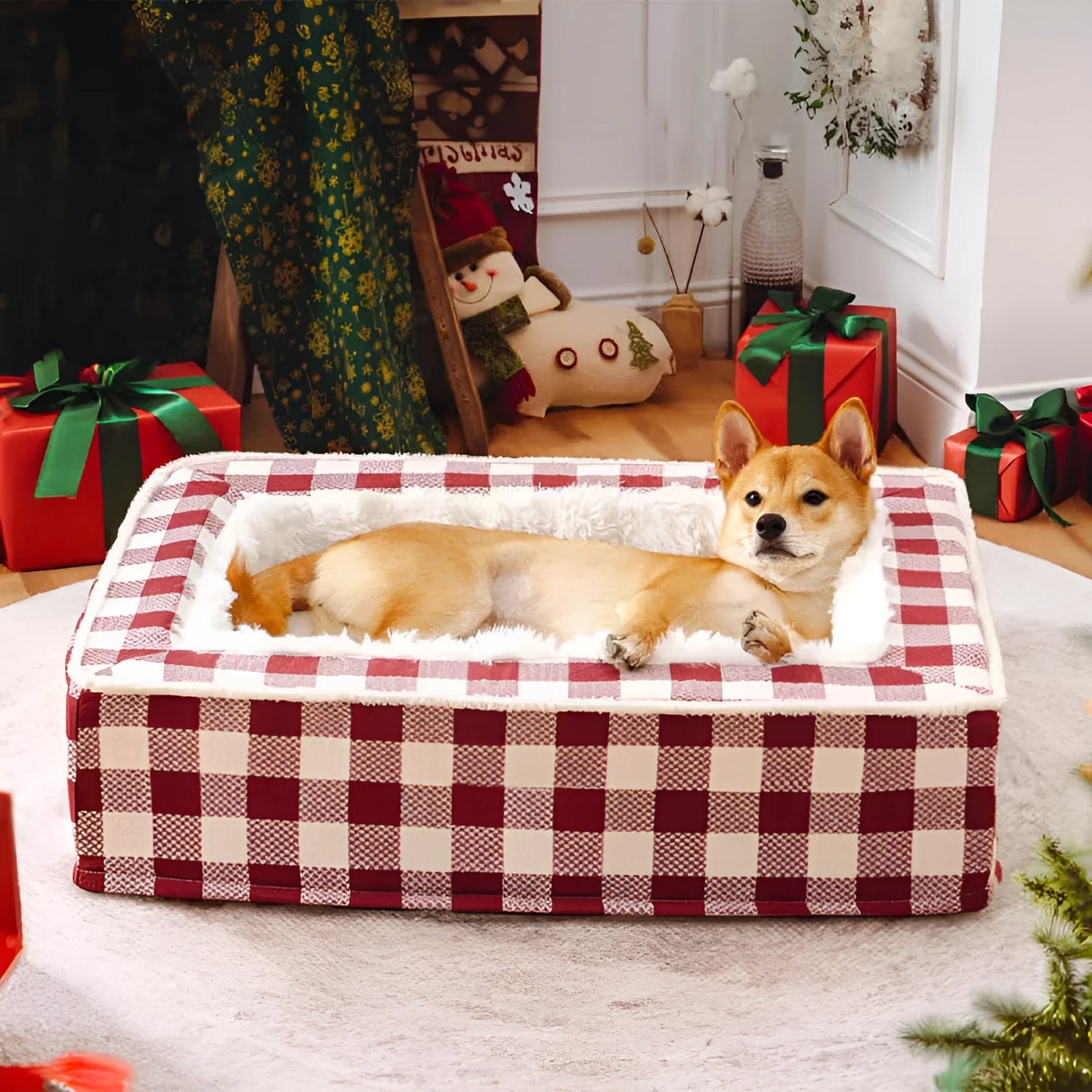 Classic plaid pattern dog kennel with removable cloth cover shown next to a matching cushion