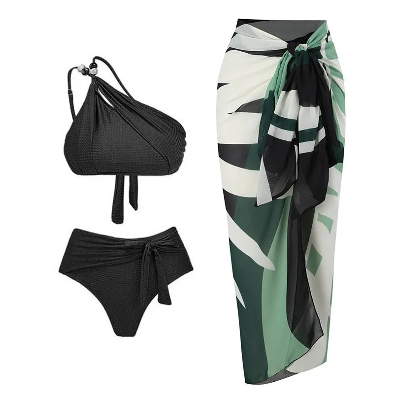 Women's push up bikini high waist split swimsuit chiffon dress in black, brown, or green