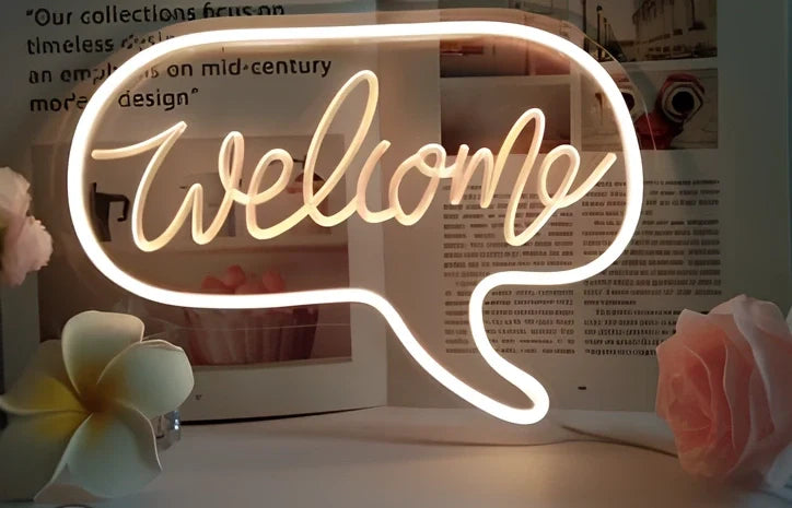 LED neon decorative light with acrylic back panel showing USB power connection and multiple design options