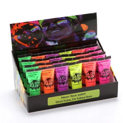 25ml tube of neon face paint in bright colours, showing non-toxic, washable gouache for skin art