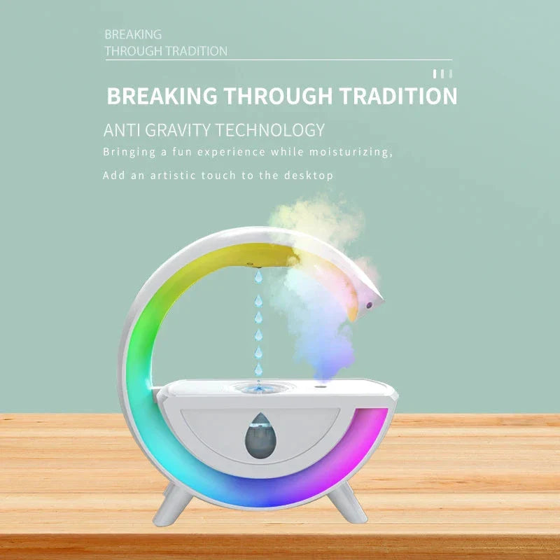 Anti-gravity air humidifier with LED lighting in white color, featuring water droplet animation and multi-color illumination