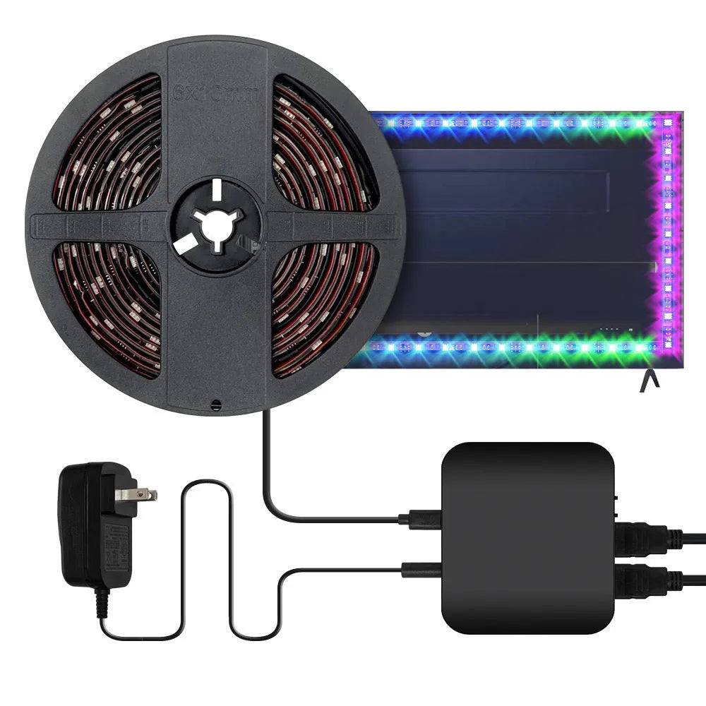Smart app-controlled LED light strip mounted behind a television for backlighting.