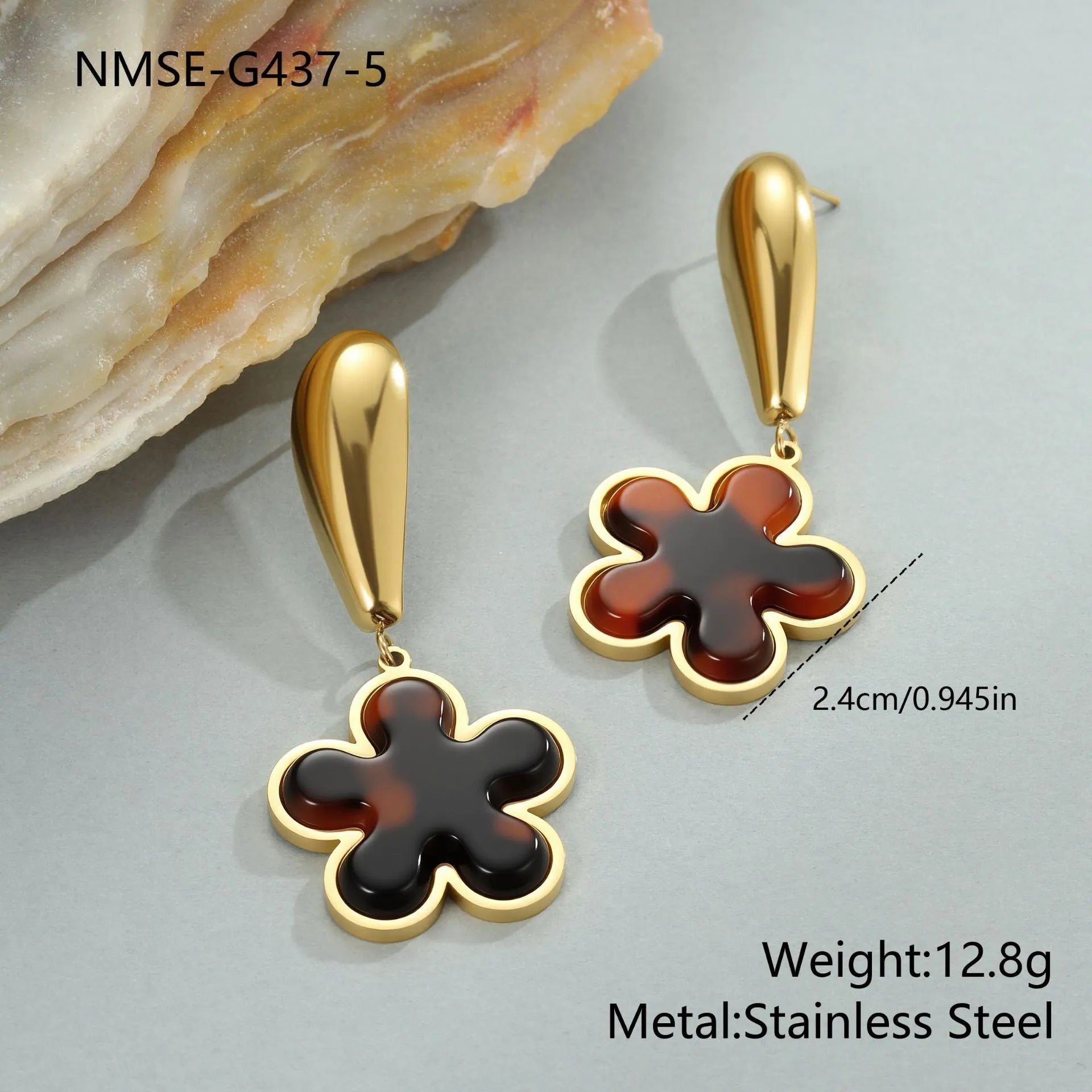 Women's tortoiseshell resin hawksbill colour earrings with 18K gold electroplating on stainless steel, showing heart-shaped and floral designs