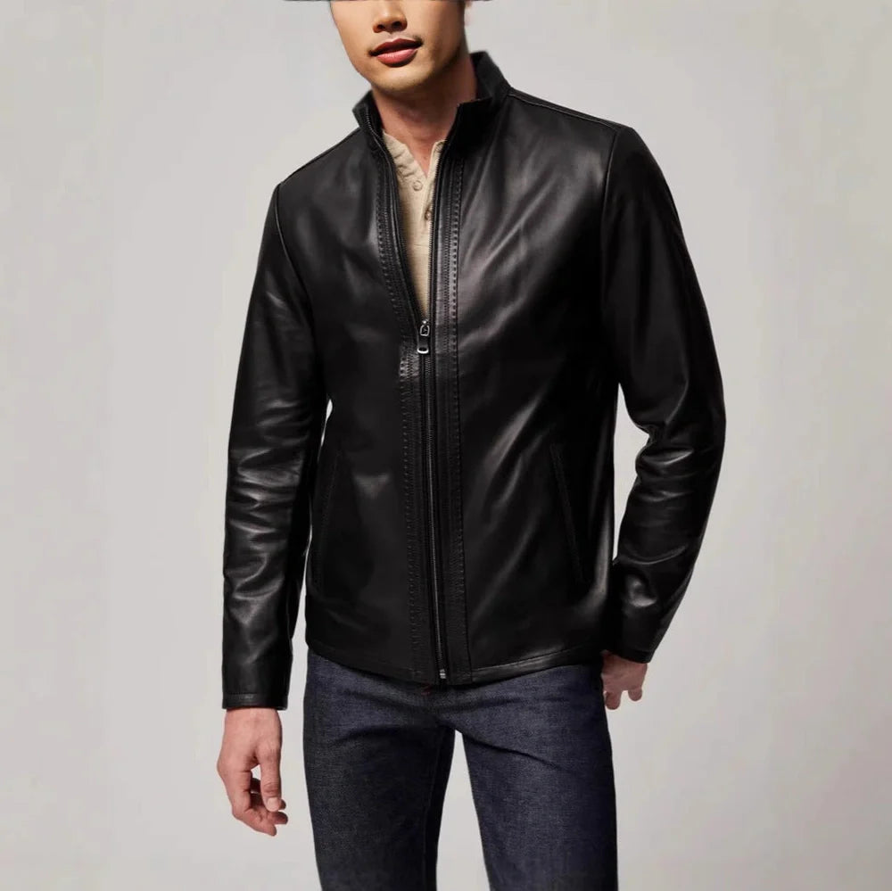 Black men's retro-style polyester jacket with straight hem design and long sleeves