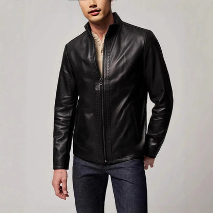 Black men's retro-style polyester jacket with straight hem design and long sleeves