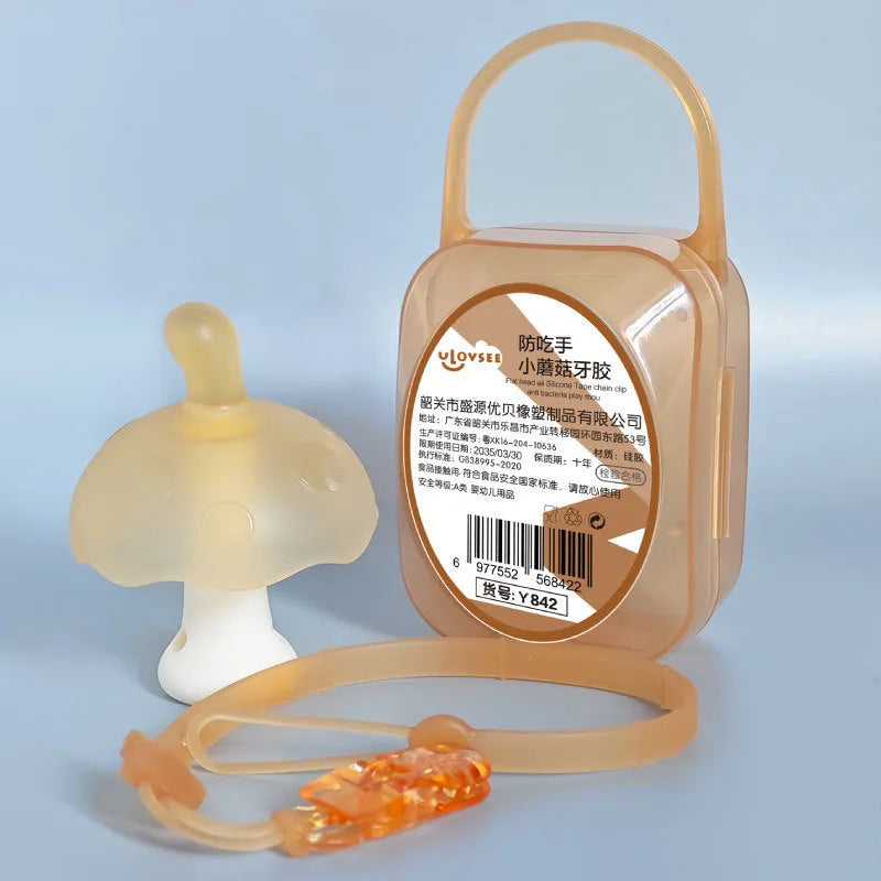 Small mushroom gum in mushroom pink or nano colour with transparent box and optional chain for chewable aid