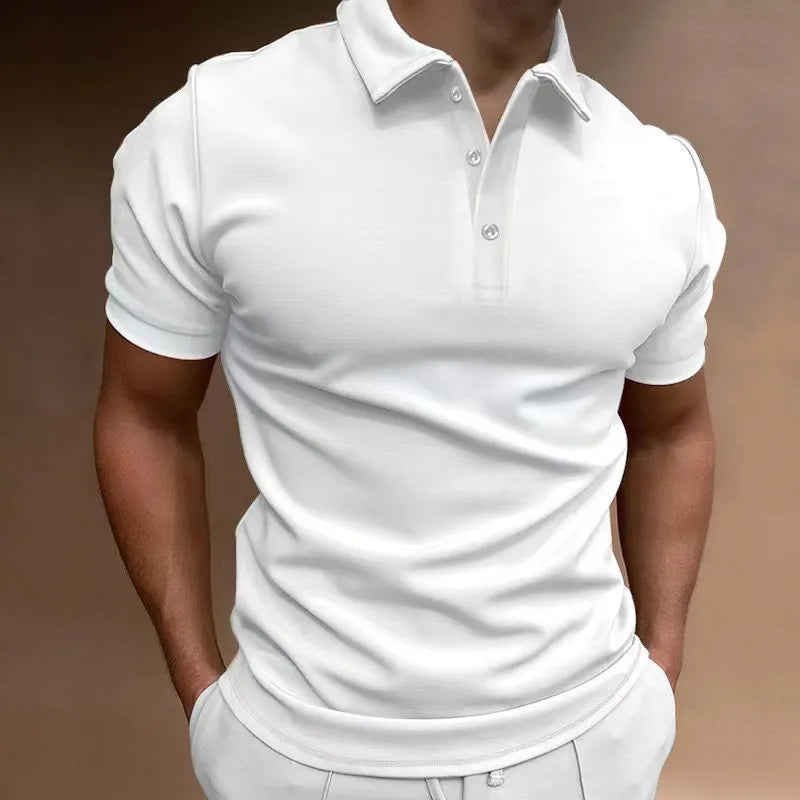 Men's grey loose-fit cotton blend t-shirt with a button detail and short sleeves.