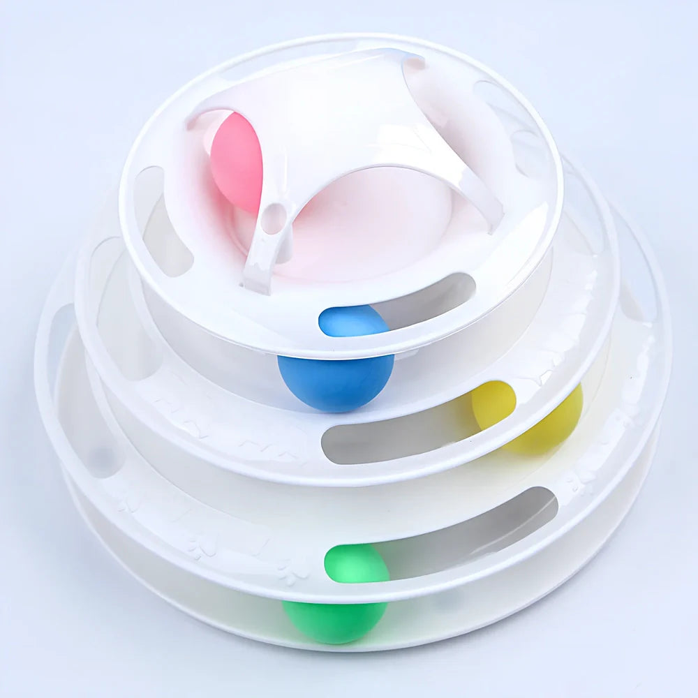 Circular tower track cat toy with rolling ball in blue and white colour option