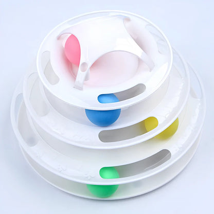 Circular tower track cat toy with rolling ball in blue and white colour option