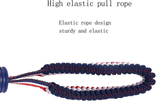 Blue dog ball with rope toy showing 6.5cm textured rubber ball attached to 29cm rope for dental cleaning and tug-of-war