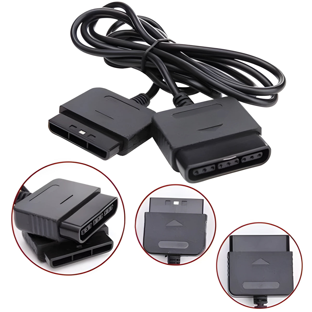 Black plastic PS2 extension cable with PS2 interface for controller or handle connection.