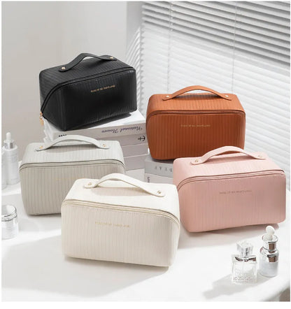 Vertical pattern pillow makeup bag with cubic 22.5x12.5x12.5cm dimensions in beige, black, brown, grey or pink