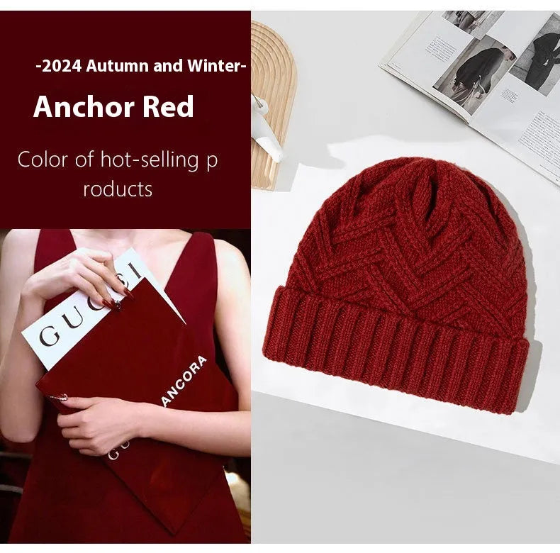 Wool knitted women's hat with dome crown in ankela red colour showing totem pattern details