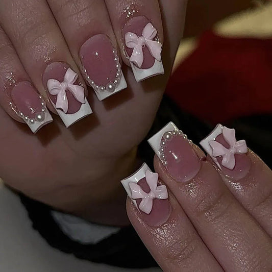 Fashion short white French cute bow manicure set with 24 nail art pieces and S274 glue