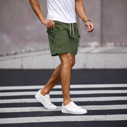 Men's loose straight leg workwear shorts in army green and fluorescent green colour options