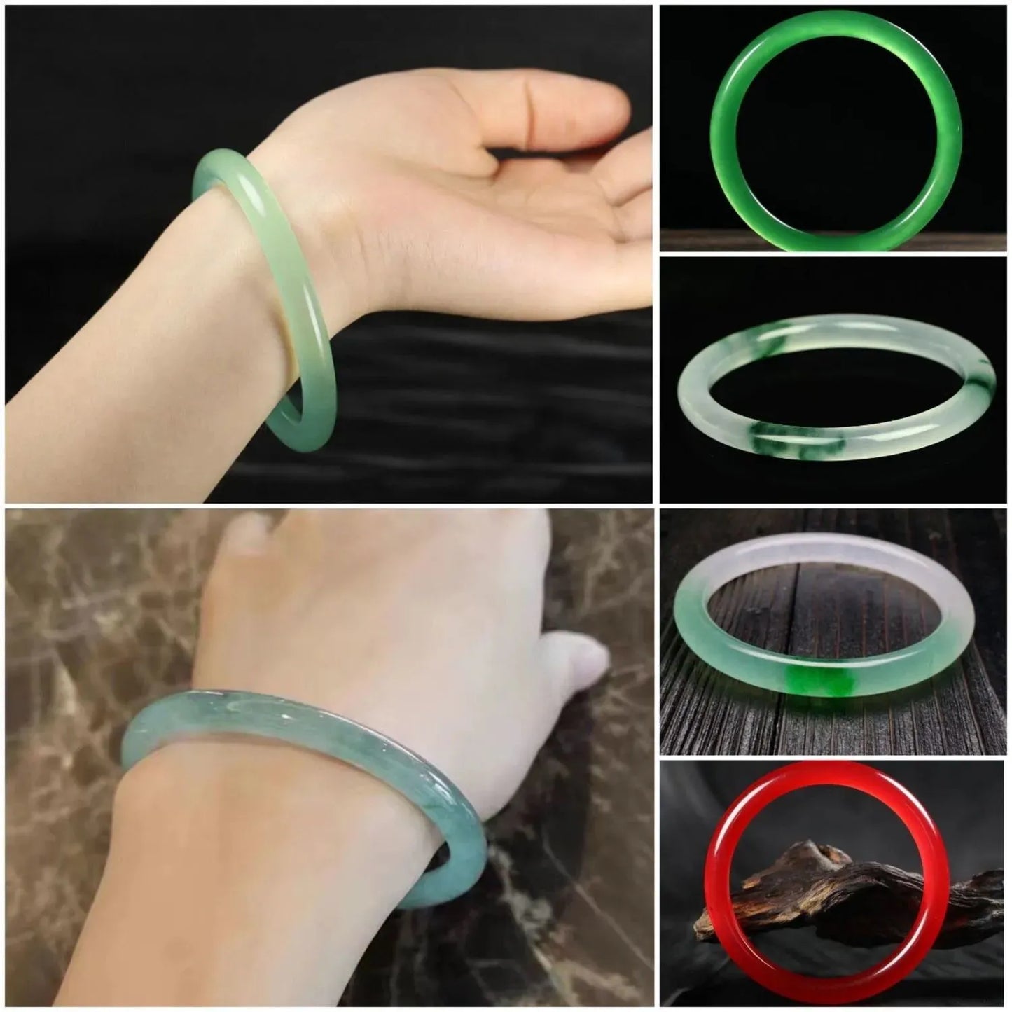Jade bracelet with floating flower patterns and auspicious cloud motifs in green stone with polished finish