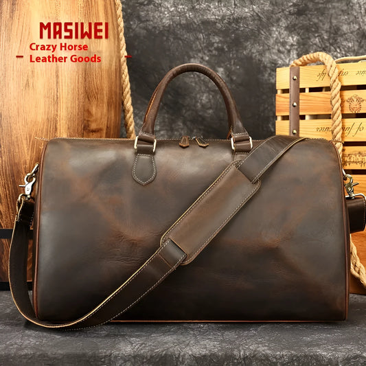 Men's large genuine cowhide leather crossbody bag in vintage travel style.