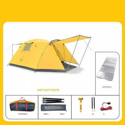 Four-person outdoor camping tent with rain and sun protection, double-decker design