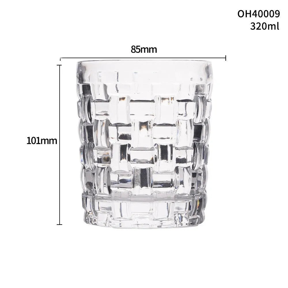 Whiskey shot glass with thick bottom, crystal clear, 350ml capacity, on wooden table