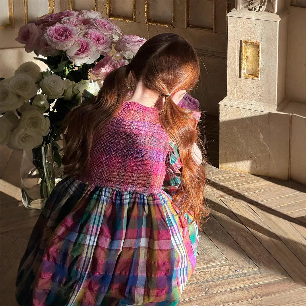 Girls' retro plaid sleeveless cotton dress in coffee plaid or red plaid, height sizes 90cm to 140cm
