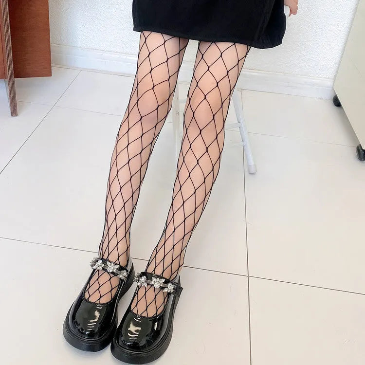 Women's black and white mesh stockings showing large, medium, and small hole patterns.