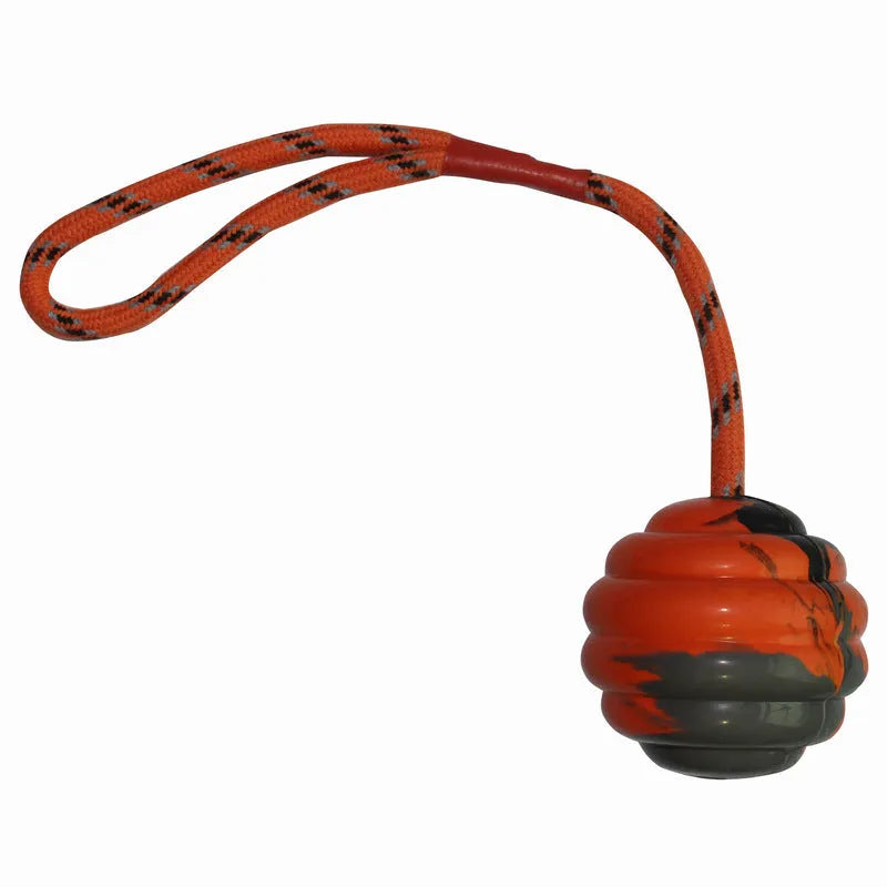 Rubber dog chew toy ball in assorted colours showing 6cm diameter and 30cm length