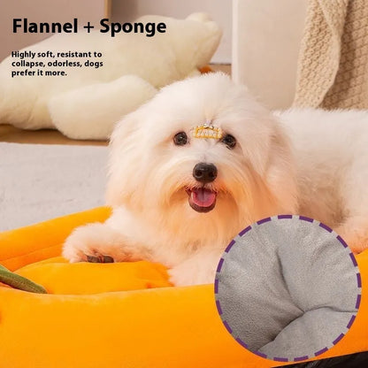 Dog mat with removable cloth cover in brown, gray, orange, or purple, showing size options for small to large dogs.