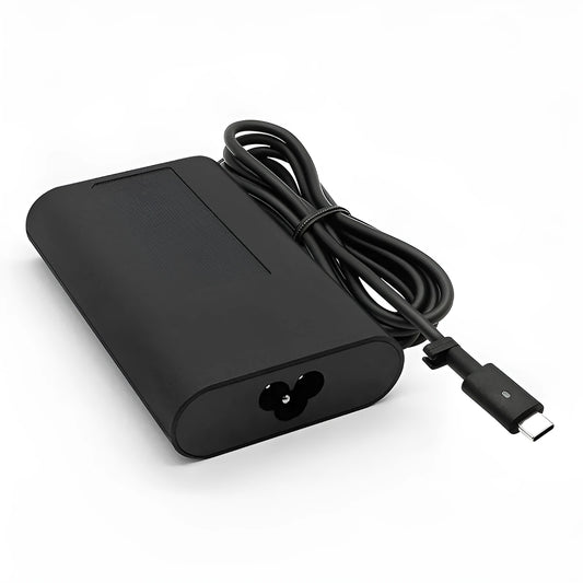 Black 65W laptop Type-C power adapter with multiple international power cords for UK, US, EU, Australian sockets