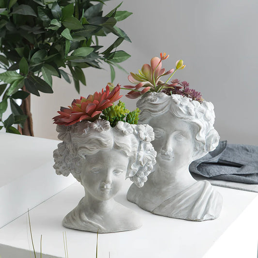Cement flower pot statue portrait garden decoration with breathable construction and Nordic simplicity styling