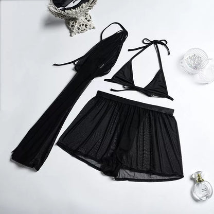 Solid black sling bikini set for women, includes bra, jacket, skirt, and shorts