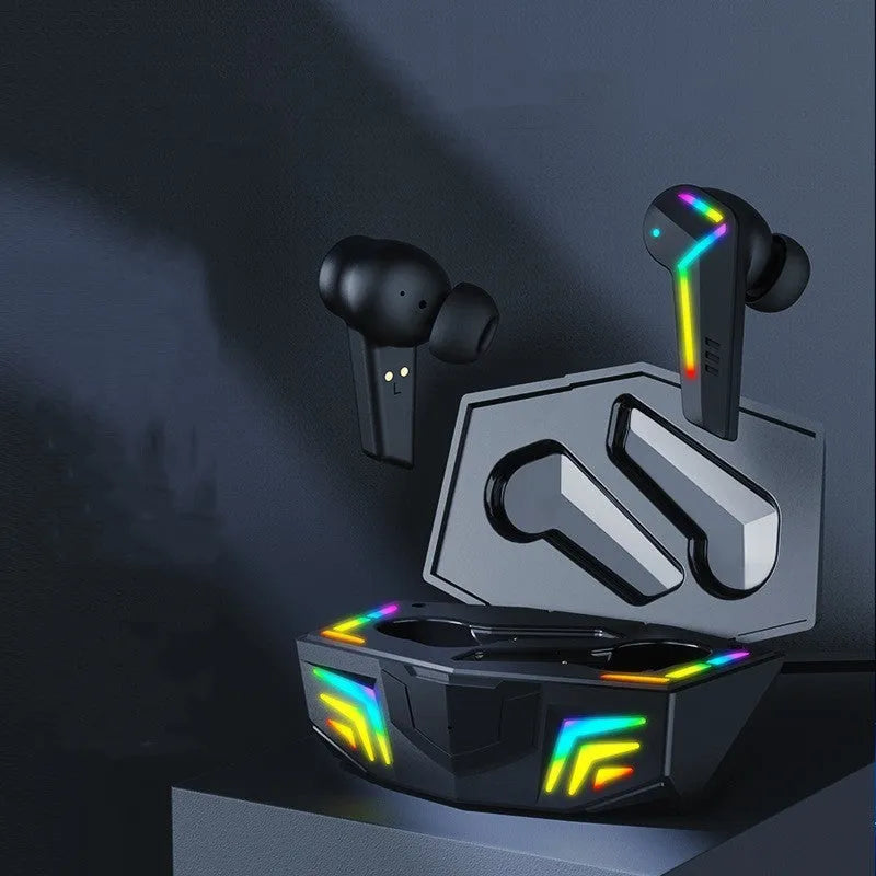 Small black Bluetooth headset with earplug design showing 15m range and low latency for gaming