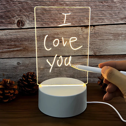 Transparent luminous acrylic desktop tablet with USB warm yellow light, 193mm x 100mm size, includes pen for writing