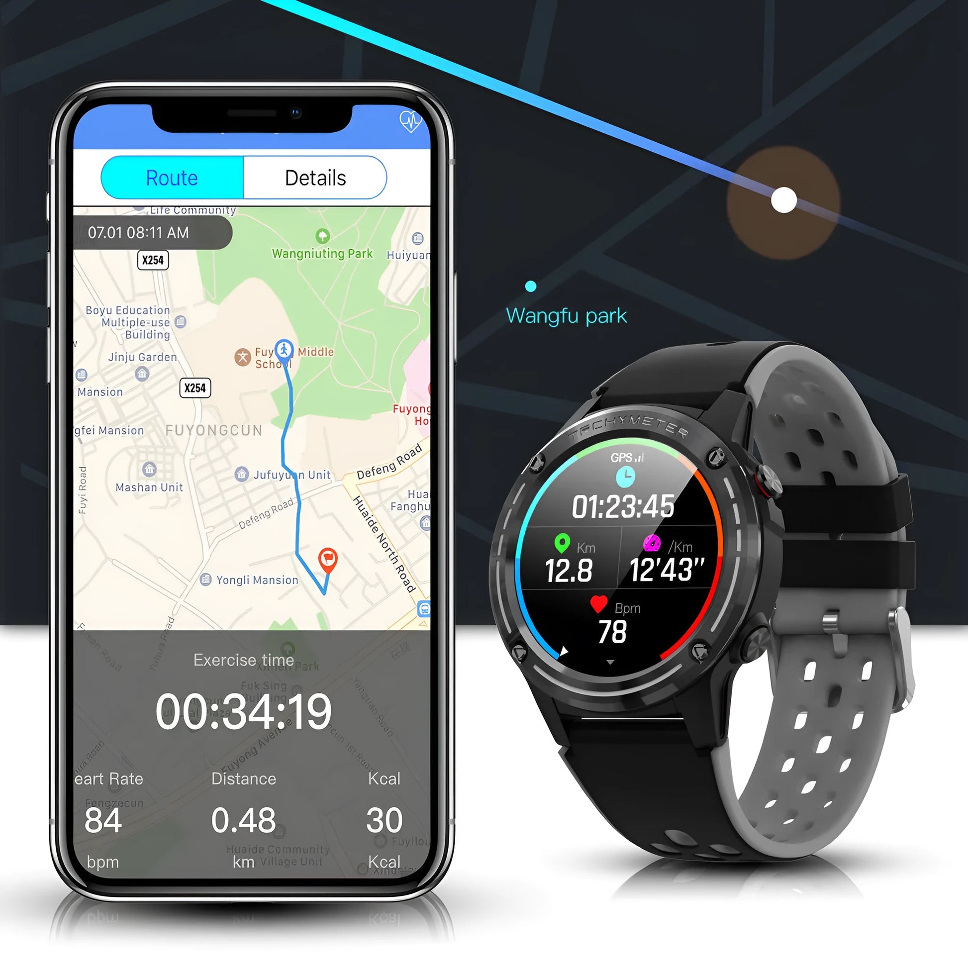 GPS smart watch with a square blue silicone strap on a wrist