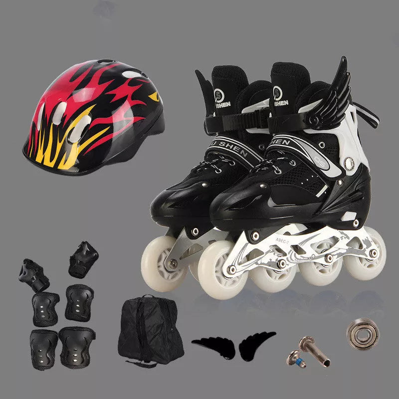 Adjustable PU single wheel roller skates for kids with protective gear in vibrant colors