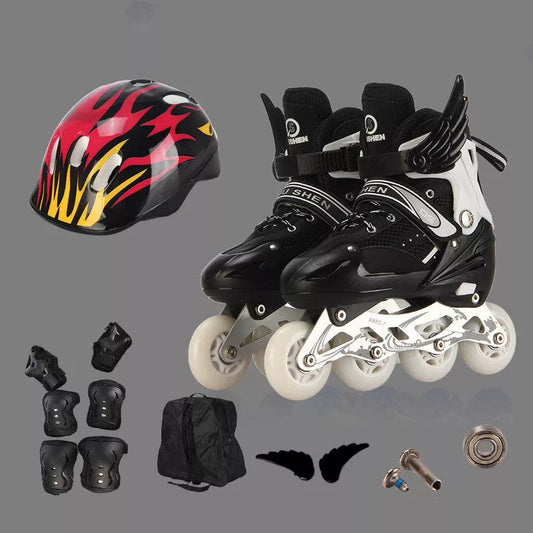 Adjustable PU single wheel roller skates for kids with protective gear in vibrant colors