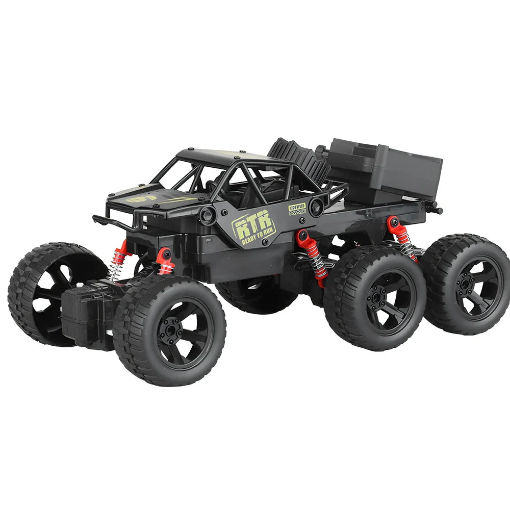 Children's remote control car with six wheels and 38cm climbing capability in black, gold, or red colours
